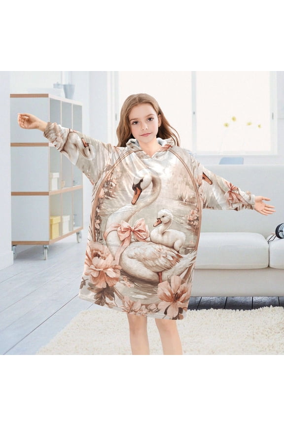 Pink Ribbon Swan Oversized Wearable Blanket Hoodie Sweatshirt Flannel for Unisex Girls Boys