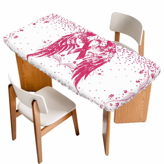 Pink Ribbon Table Cloths for 5 Foot Rectangle Tables, Wings Romantic Love Heart Flowers Vintage Patio Waterproof Elastic Fitted Tablecloths, Washable Rectangular Table Cover for Camping
