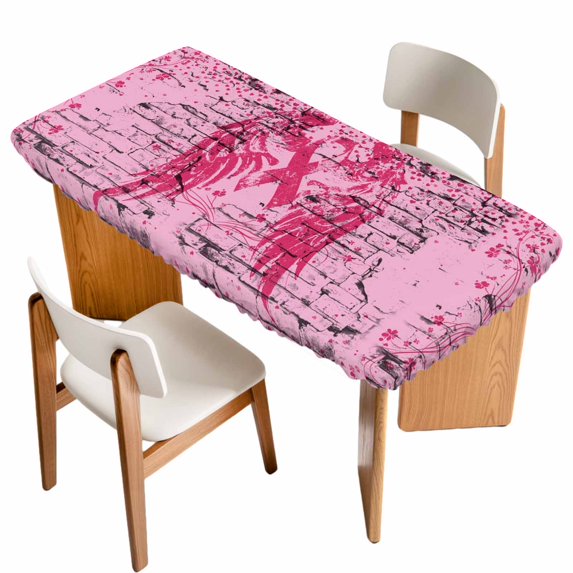 Pink Ribbon Table Cloths for 6 Foot Rectangle Tables, Wings Romantic Love Heart Flowers Retro Country Patio Waterproof Elastic Fitted Tablecloths, Washable Rectangular Table Cover for Camping