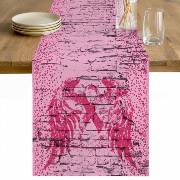 Pink Ribbon Table Runner - 36 Inch Long Wings Romantic Love Heart Flowers Retro Country Cotton and Linen Blended Dress Scarves Farmhouse Table Runner for Kitchen Dining, Coffee Table, 13" x 36"