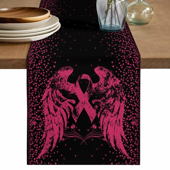 Pink Ribbon Table Runner, Wings Romantic Love Heart Flowers Black Washable Cotton Linen Table Runners 36 Inches Long, Dresser Scarf Runner for Nightstand/End Tables/Round Tables 13''x36''