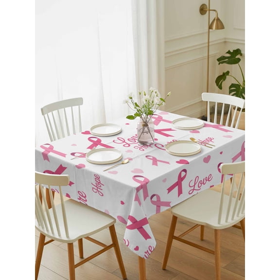 Pink Ribbon Tablecloth Rectangle Table Cloth 52x70, Waterproof Outdoor Table Cloth Covers Decorative Table Protector, Love Heart Vintage Preppy Washable Table Cover for Kitchen Dinning Party