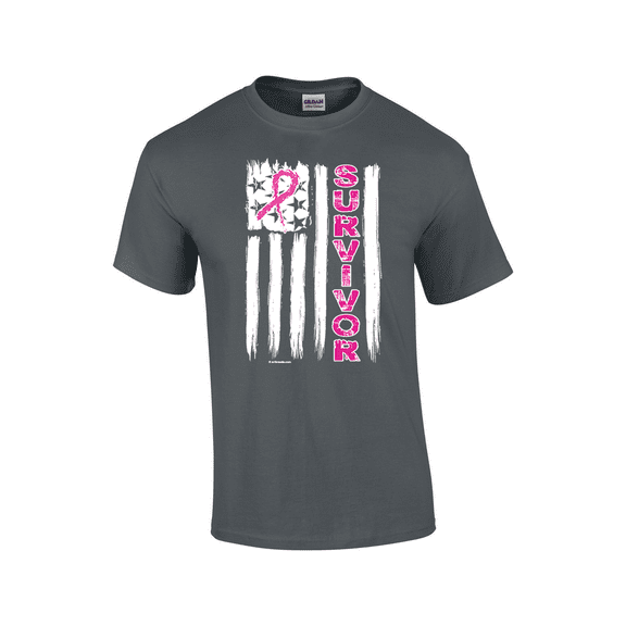 Pink Ribbon Tattered American Flag Inspiring Breast Cancer Survivor Cancer Awareness Short Sleeve Unisex Graphic T-Shirt-Charcoal-medium