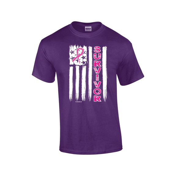 Pink Ribbon Tattered American Flag Inspiring Breast Cancer Survivor Cancer Awareness Short Sleeve Unisex Graphic T-Shirt-Purple-large