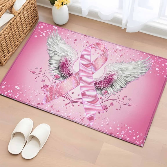 Pink Ribbon Wings 2'x3' Rug for Entryway Front Door Kitchen Sink Area, Romantic Watercolor Wings Love Heart Flower Pink Low Pile Non Slip Rectangle Area Rug, Machine Washable Indoor Outdoor Mat