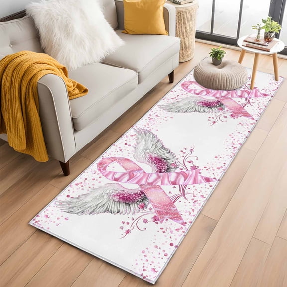 Pink Ribbon Wings 2'x6' Runner Rugs for Hallway Kitchen Bedside Non Slip Washable, Bows Flowers Love Heart Abstract Entryway Rug Runners with Rubber Backing, Long Carpet Runner for Laundry Room