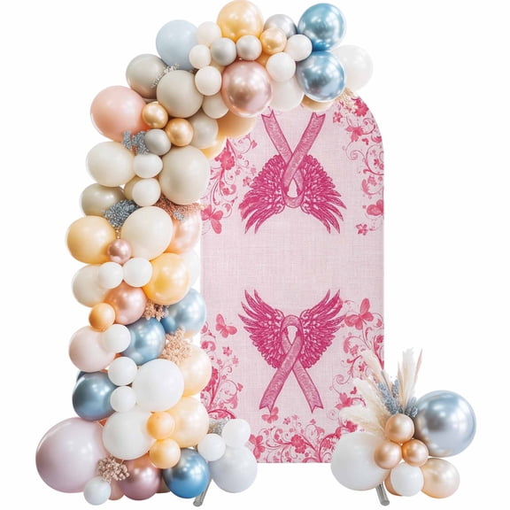Pink Ribbon Wings Arch Backdrop Cover 4 FT Romantic Watercolor Wings Love Heart Flower Pink Red Stretchy Elastic Arch Stand Covers Spandex Arched Background Birthday Wedding Decoration (No Stand)