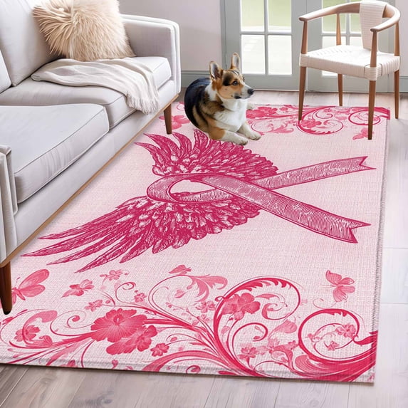 Pink Ribbon Wings Area Rug 4'x6', Bows Vintage Floral Butterfly Abstract Washable Non-Slip Rugs, Low Pile Large Carpet for Living Room Bedroom Dining Room Kitchen Office Indoor Mat