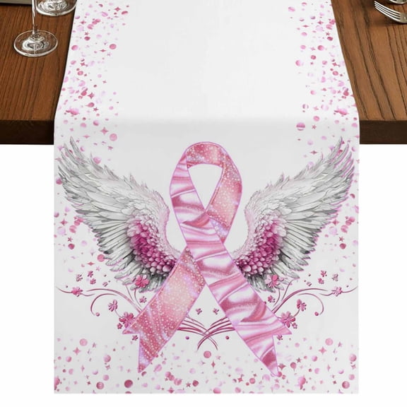 Pink Ribbon Wings Burlap Cotton Table Runner 13x36 Inches Short, Bows Flowers Love Heart Abstract Farmhouse Table Runners, Outdoor Dining Tablecloths Decor for Baby Shower/Party/Wedding
