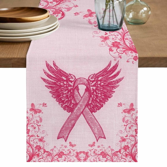Pink Ribbon Wings Cotton Linen Table Runner for Dining Kitchen, Bows Vintage Floral Butterfly Abstract Wedding Outdoor Party Tablerunners, Dresser Scarf Coffee Tablecloth Runners 13x36 Inches