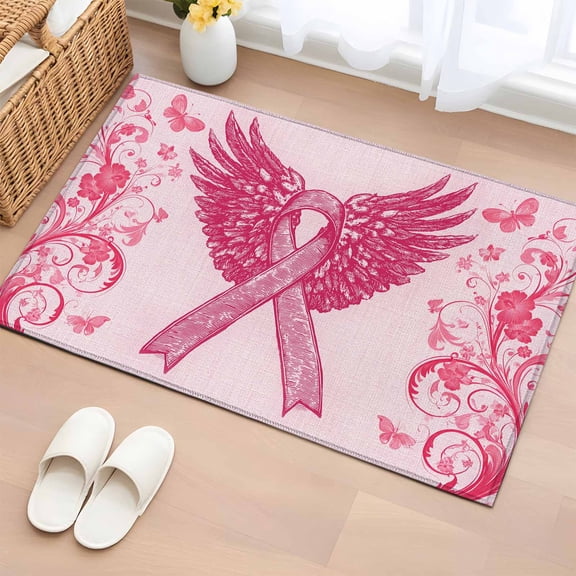 Pink Ribbon Wings Entryway Rug 2'x3'&nbsp; Non Slip Front Door Mats, Bows Vintage Floral Butterfly Abstract Entrance Rugs Indoor Outdoor Carpet, Washable Floor Mats Small Area Rug for Bedroom Kitchen