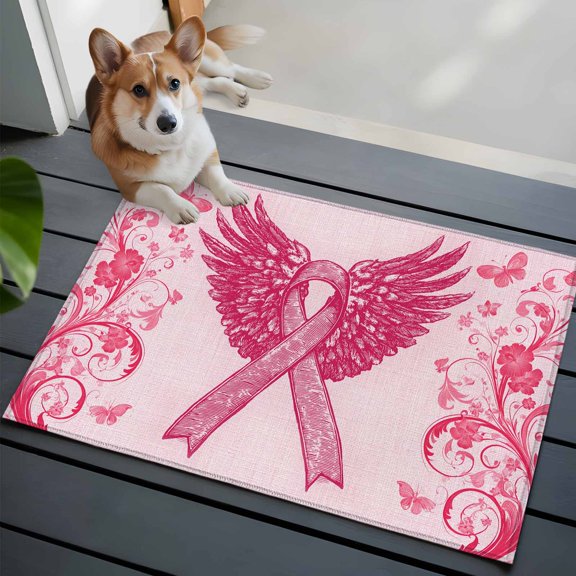Pink Ribbon Wings Front Door Rugs 2x3 ft Romantic Watercolor Wings Love Heart Flower Pink Red Small Rug for Entryway Non Slip Washable Bathroom Door Mat Absorbent Floor Mat for Indoor Entrance