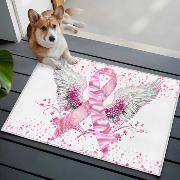 Pink Ribbon Wings Front Door Rugs 2x3 ft Romantic Watercolor Wings Love Heart Flower Small Rug for Entryway Non Slip Washable Bathroom Door Mat Absorbent Floor Mat for Indoor Entrance