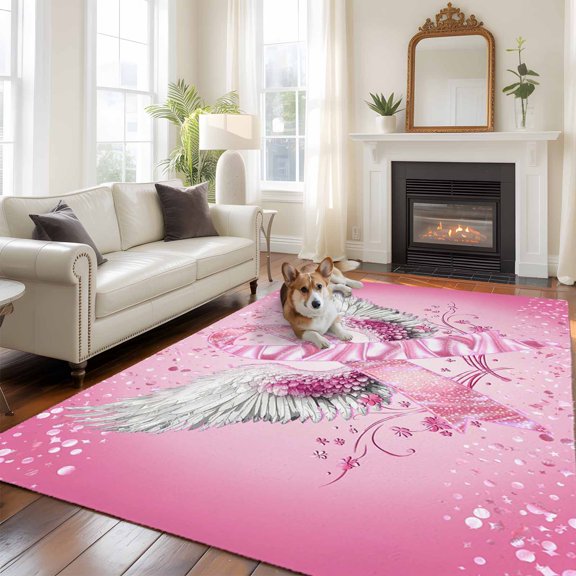 Pink Ribbon Wings Large Area Rugs 5x8 ft Romantic Watercolor Wings Love Heart Flower Pink Washable Rug Non Slip Indoor Carpet Absorbent Floor Mat for Living Room Bedroom Dining Room