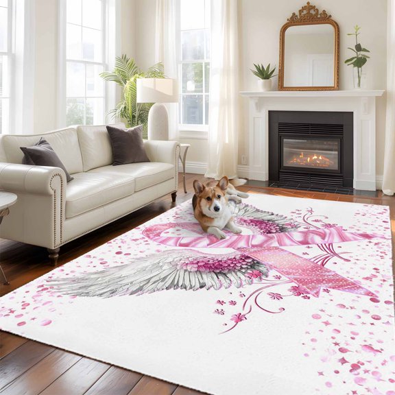 Pink Ribbon Wings Large Area Rugs 5x8 ft Romantic Watercolor Wings Love Heart Flower Washable Rug Non Slip Indoor Carpet Absorbent Floor Mat for Living Room Bedroom Dining Room