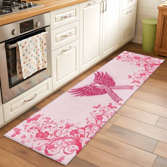Pink Ribbon Wings Runner Rugs 2x6 ft Romantic Watercolor Wings Love Heart Flower Pink Red Washable Hallway Rugs Non-Slip Floor Mats Absorbent Carpet Bedside Runners for Bedroom Kitchen Laundry Room