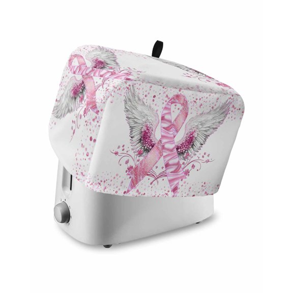 Pink Ribbon Wings Small Toaster Cover 2 Slice, Kitchen Appliance Covers, Bows Flowers Love Heart Abstract Toaster Oven Cover with Loop, Bread Machine Cover Polyester Dust Cover Protection