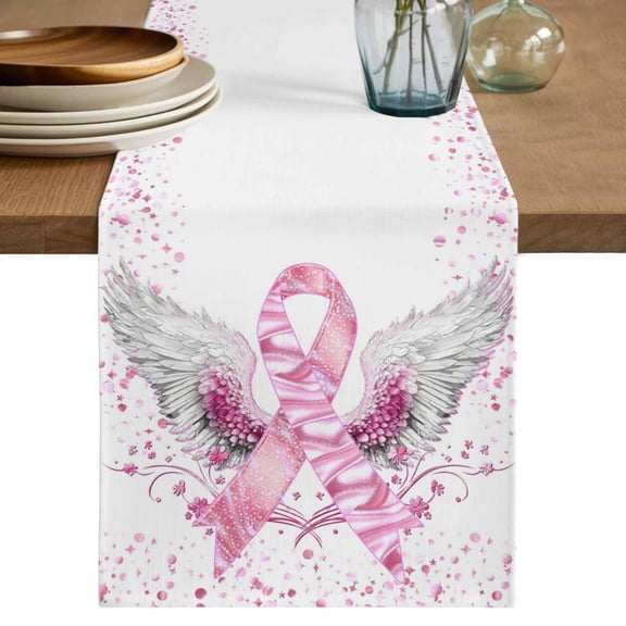 Pink Ribbon Wings Table Runner, Bows Flowers Love Heart Abstract Washable Cotton Linen Table Runners 48 Inches Long, Dresser Scarf Runner for Nightstand/Coffee/End Tables 13''x48''