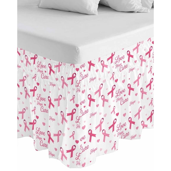 Pink Ribbon Wrap Around Bed Skirts for California King Bed 18" Drop, Bed Skirt with Adjustable Elastic Belt Dust Ruffle Bed Valance for Bedroom Hotel Luxury Love Heart Vintage Preppy Bed Frame Cover