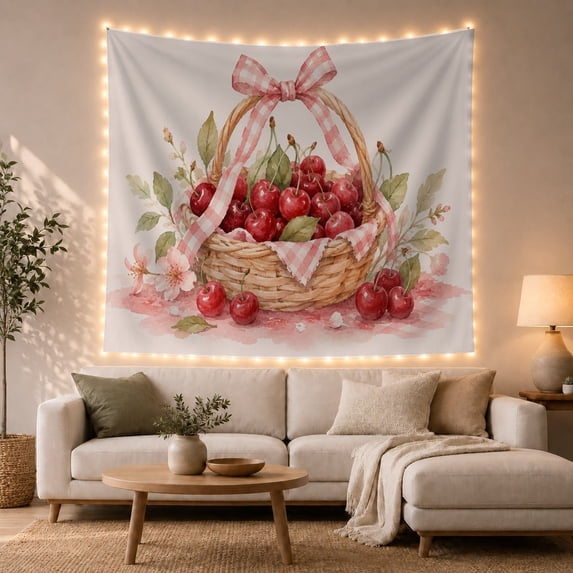 Pink Ribbon and Cherry Illustration Tapestry