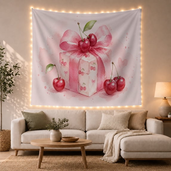 Pink Ribbon and Cherry Illustration Tapestry