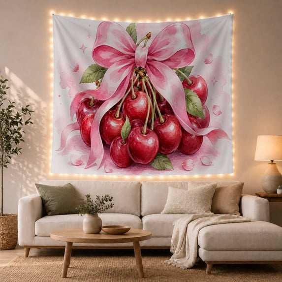 Pink Ribbon and Cherry Illustration Tapestry
