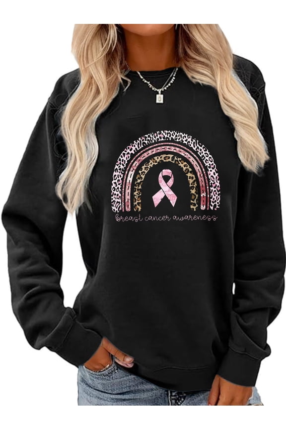 Pink Ribbon for Breast Cancer Print Long Sleeve Shirts For Women Black One-piece