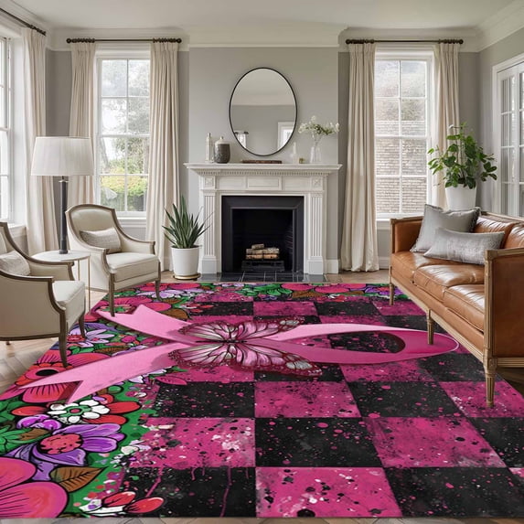 Pink Ribbons 5'x7' Area Rug, Butterfly Graffiti Flowers Vintage Buffalo Plaid Washable Non-Slip Soft Rugs, Low-Pile Large Carpet for Living Room Bedroom Dining Room, Non-Shedding Accent Rug