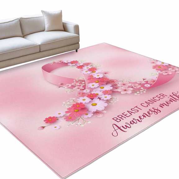 Pink Ribbons 6x9ft Non Slip Area Rug Red Flower Caring For Breast Cancer Gradient Washable Soft Area Rugs for Living Room, Indoor Circle Carpet for Bedroom Dining Room Kitchen