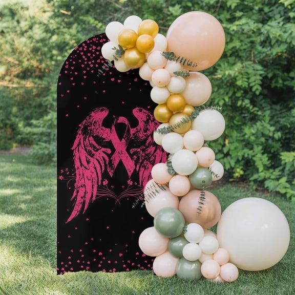 Pink Ribbons Arch Backdrop Cover 4 FT, Romantic Watercolor Wings Love Heart Flower Black Wedding Arch Cover Stretchy Backdrop Stands Covers for Birthday Party Ceremony Banquet Decor