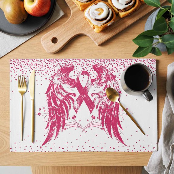 Pink Ribbons Placemats Set of 2, Romantic Watercolor Pink Wings Love Heart Flower Heat Insulated Linen Place Mats, Washable Stain-Proof Table Mats for Dining Tables Holiday Decor 13x19 Inches