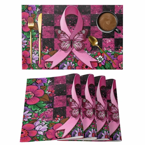 Pink Ribbons Placemats Set of 6 Butterfly Graffiti Flowers Vintage Buffalo Plaid Place Mats Indoor Wipeable Table Mats Washable Dining Table Placemats for Kitchen Holiday Party Home Decor 13x19 Inch
