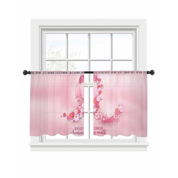 Pink Ribbons Sheer Curtains 2 Panels Set Red Flower Caring For Breast Cancer Gradient Sheer Window Curtains Light Filtering Rod Pocket Voile Drapes for Bedroom Living Room 52"x54"