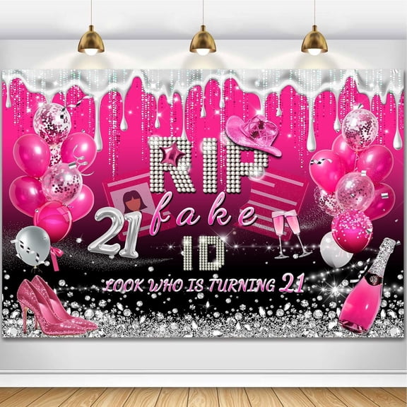 Pink Rip Fake ID 21st Birthday Backdrop Glitter Pink Look Who is Turning 21 Photography Background Balloons Glitter Diamond Champagne Decor Banner Photo Studio Props