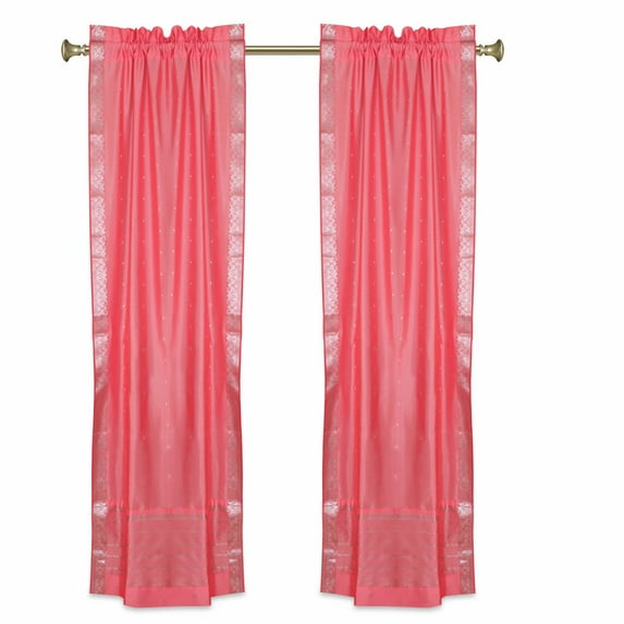 Pink Rod Pocket Sheer Sari Curtains w/ Silver Border -60W x 96L-Pair