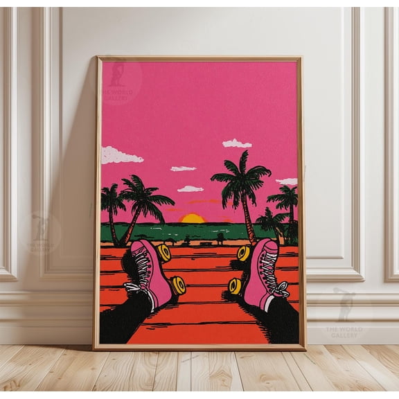 Pink Roller Skate Poster, Tropical Sunset Wall Art, Retro Paper Print, Poster Only