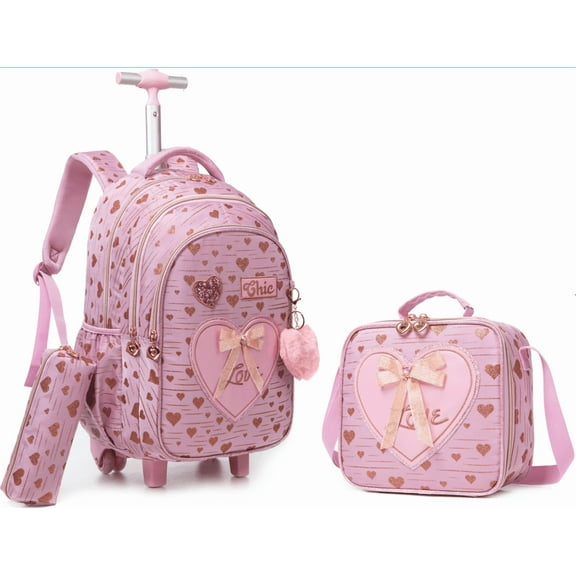 Pink Rolling Backpacks for Girls with Wheels Kids Backpack School with Lunch Bag Pencil Case for Elementary Students Kids Carry on Suitcases for Girls