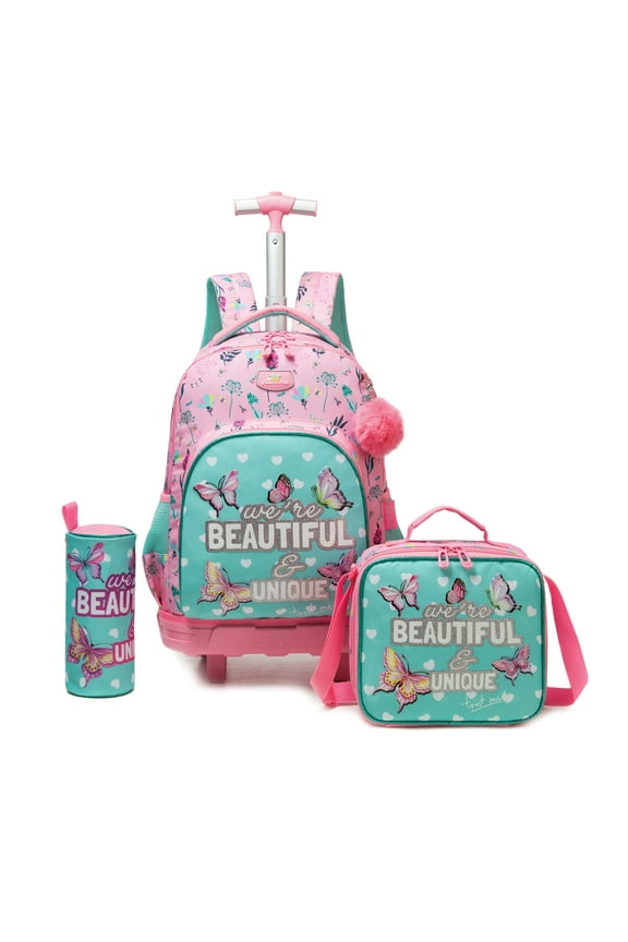 Pink Rolling Backpacks for Girls with Wheels for Elementary School Students Wheeled Backpack with Lunch Box Pencil Case Ages 6-8