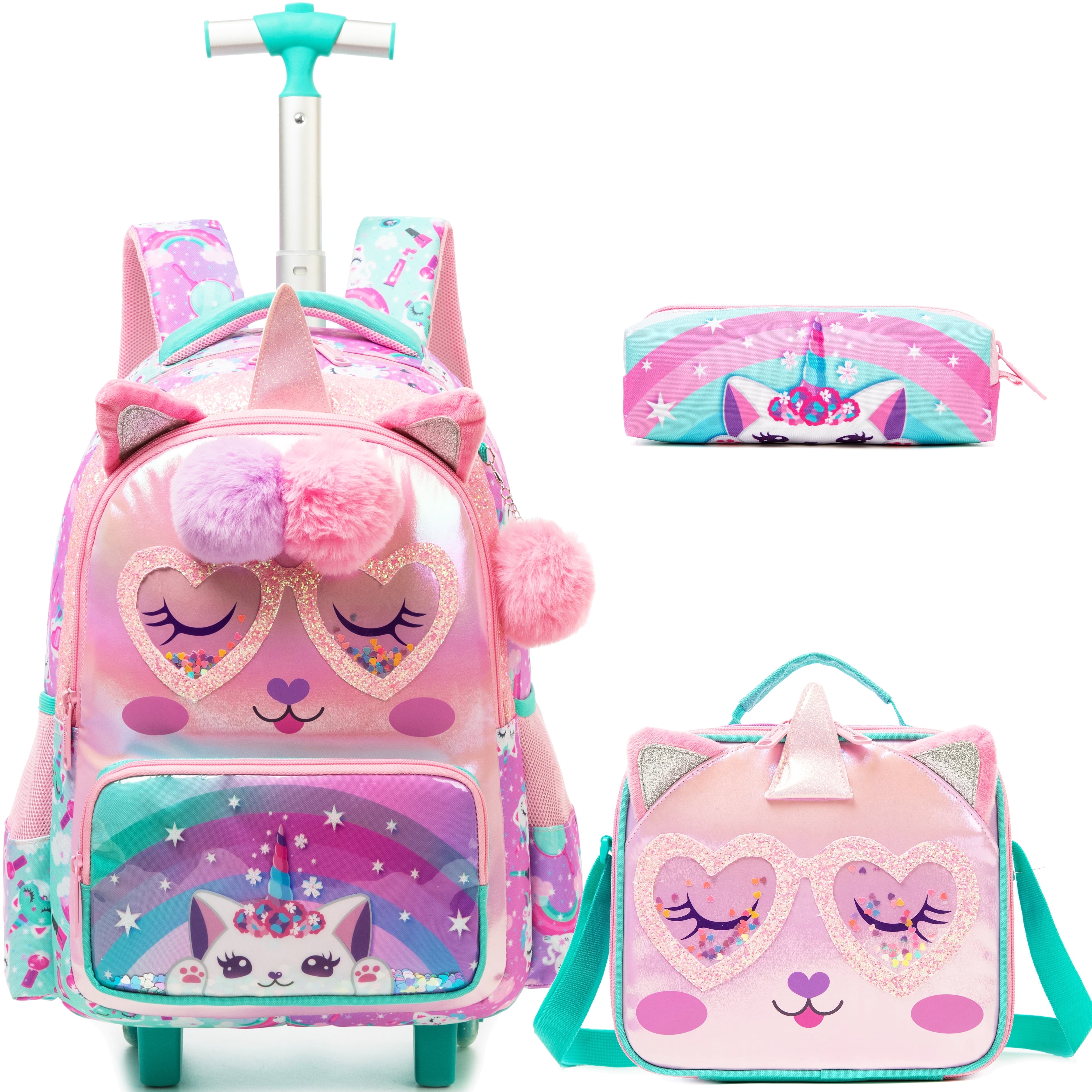 Pink Rolling Kids Backpack for School with Wheels Backpacks for Girls ...