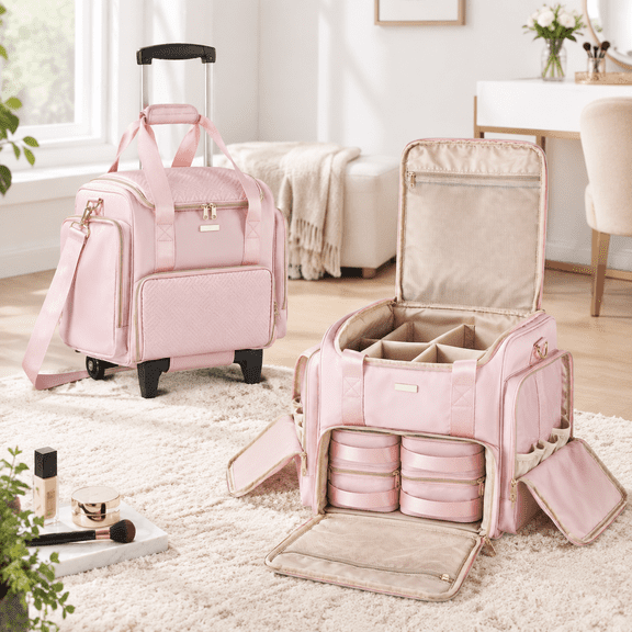 Pink Rolling Makeup Case with Wheels, Double Layer Organizer for Makeup Artists