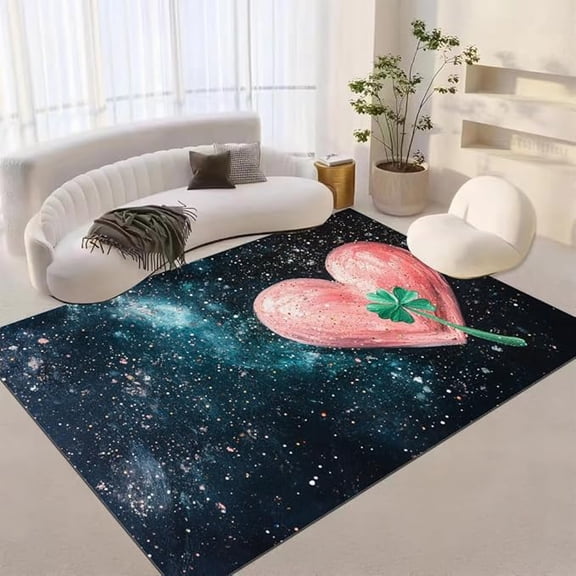 Pink Romantic Heart 3D Print Pattern Rug, Shining Starry Sky Area Rugs, Non-Slip Washable Carpet for Indoor Bedroom Living Room Home Office Kid's Room Balcony 3 x 4ft
