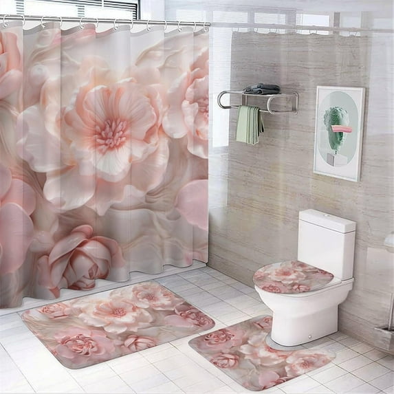 Pink Romantic Roses Shower Curtain 4 Piece Sets with Non-Slip Rugs,Toilet Lid Cover and Bath Mat Modern Flower Plants Floral Waterproof Shower Curtain with 12 Hooks Bathroom Set Home Decor