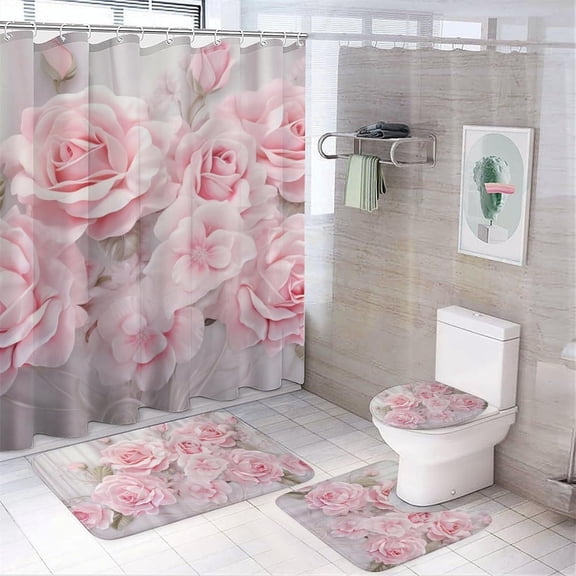 Pink Romantic Roses Shower Curtain 4 Piece Sets with Non-Slip Rugs,Toilet Lid Cover and Bath Mat Modern Flower Plants Floral Waterproof Shower Curtain with 12 Hooks Bathroom Set Home Decor