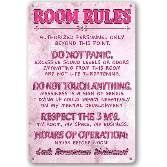 Pink Room Decor Metal Tin Wall Sign Cute Aesthetic Fun Rules Design 8x12 Inch