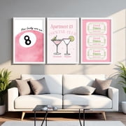Pink Roomie Bar Cart Prints for Girls Apartment, 3 Trendy Dorm Room Cocktail, 8 Ball, and Good Times Wall Art Posters for College Roommates, Poster Only