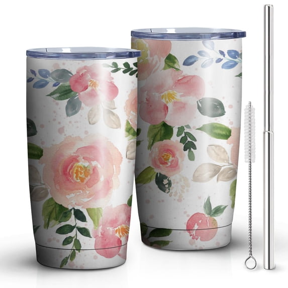 Pink Rose 20oz Tumbler Stainless Steel Double Wall Vacuum Insulated Coffee Mug Travel Cups for Wife Mom Daughter Sister Friend Coworker, Metal Straws and Brush