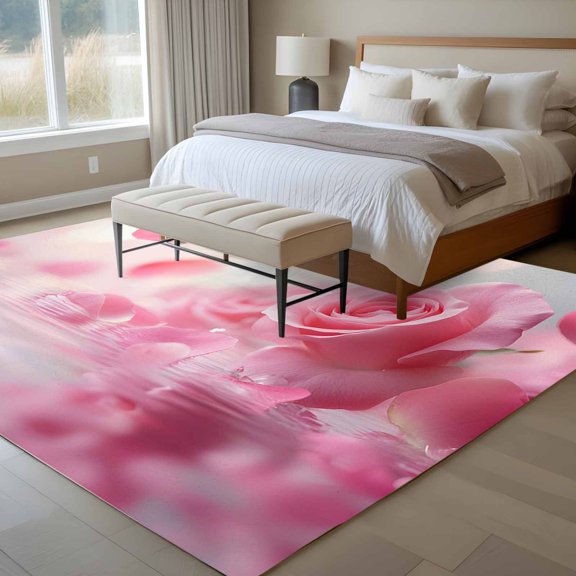 Pink Rose 6x9 Rug for Dining Room Table and Chair Setup, Floral Reflection Low Pile Washable Non Slip Rectangle Area Rug