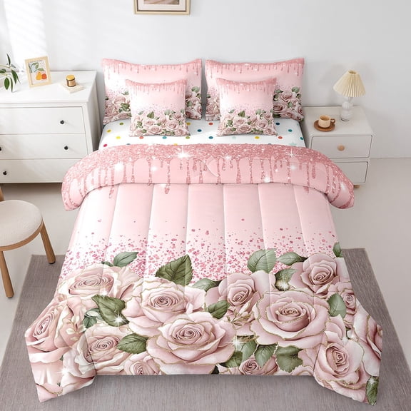 Pink Rose 7 Piece Comforter Set Full Bed in a Bag,Diamond Crystal Fluid Art Bedding Set Abstract Ombre Sheet Set with Comforter Romantic Garden Flowers Bed Set,Boho Floral Bohemian Decor