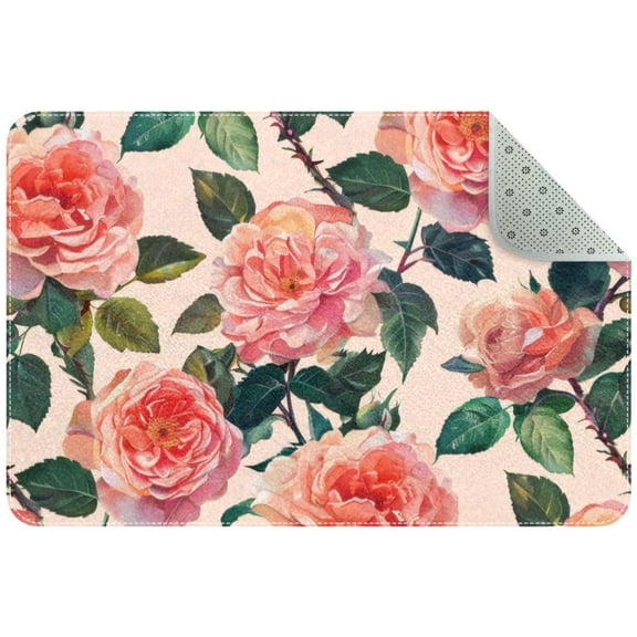 Pink Rose Aesthetic Pattern Small Area Rug, Non-Slip Door Mat Indoor Floor Mat, Washable Kitchen Rug Entrance Door Mat for Bedroom Living Room