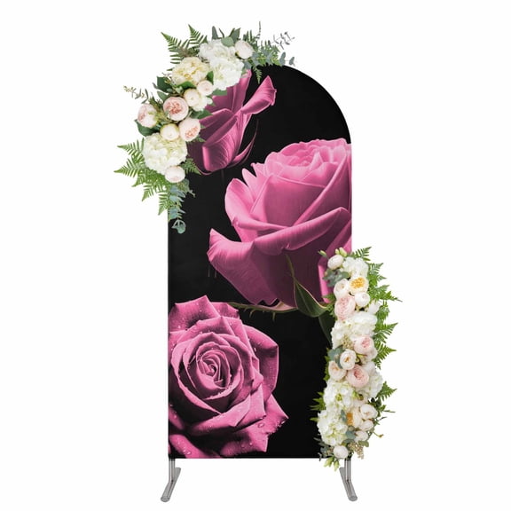 Pink Rose Arch Backdrop Cover 5FT, Vintage Abstract Garden Flower Floral Black Spandex Fitted Stretchy Arch Stand Covers, Round Top Chiara Backdrop Cover for Wedding Party Birthday Baby Shower